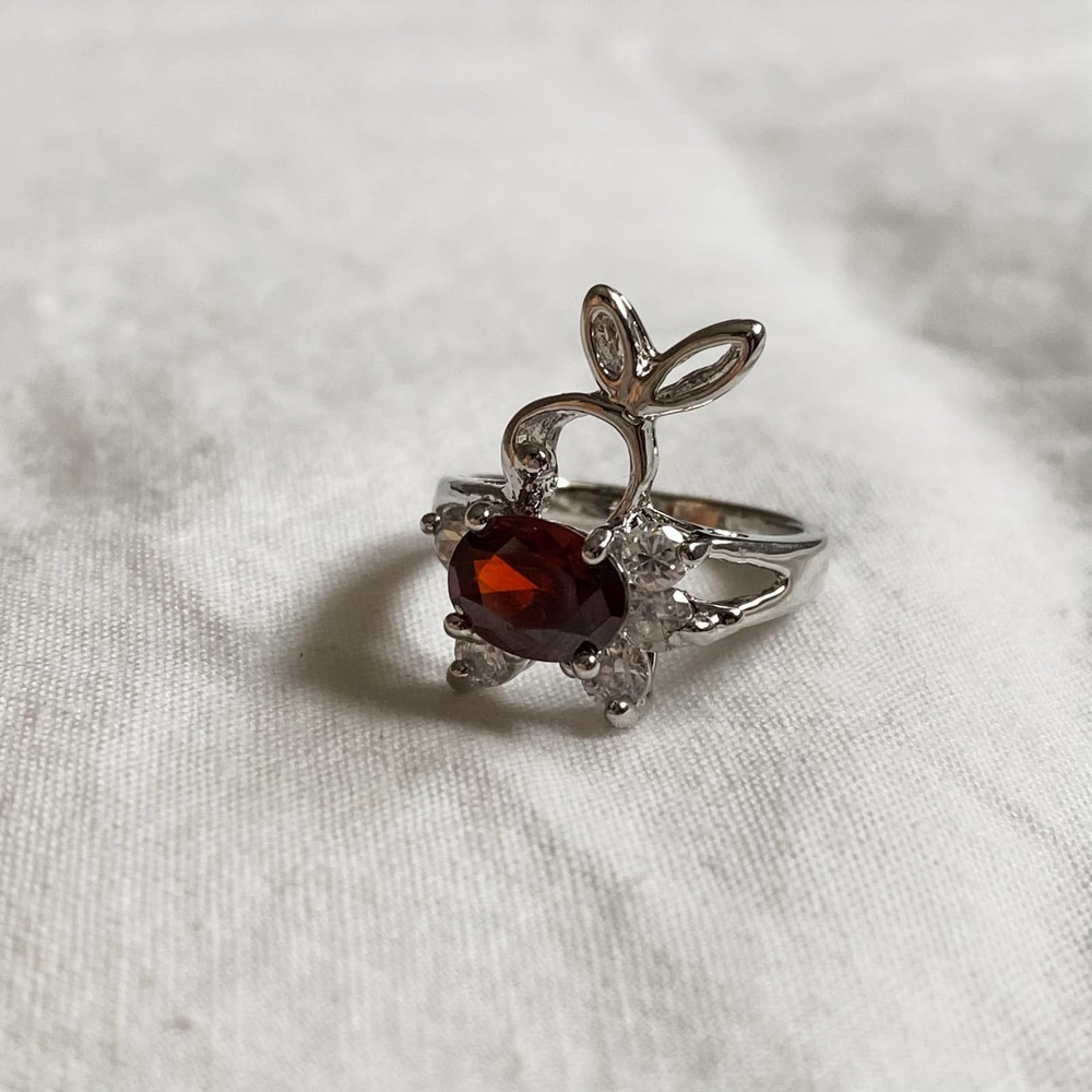 Vtg Silver Bunny Ruby Red Stone Ring - image 1